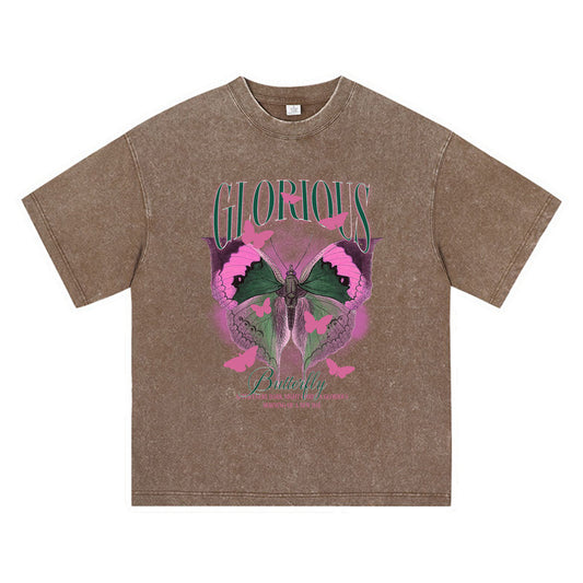 270GSM Heavy Cotton T-SHirt ACID Tees Washed Vintage T-Shirts Glorious Butterfly DTG Print TShirts