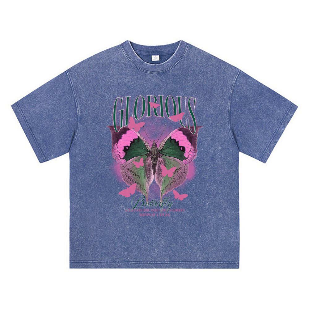 270GSM Heavy Cotton T-SHirt ACID Tees Washed Vintage T-Shirts Glorious Butterfly DTG Print TShirts