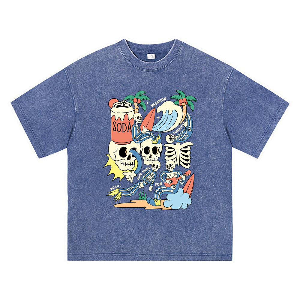 270GSM Heavy Cotton T-SHirt ACID Tees Washed Vintage T-Shirts Doodle Skeleton DTG Print TShirts