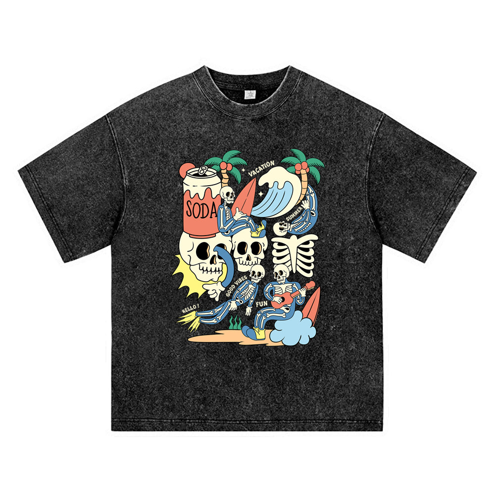 270GSM Heavy Cotton T-SHirt ACID Tees Washed Vintage T-Shirts Doodle Skeleton DTG Print TShirts