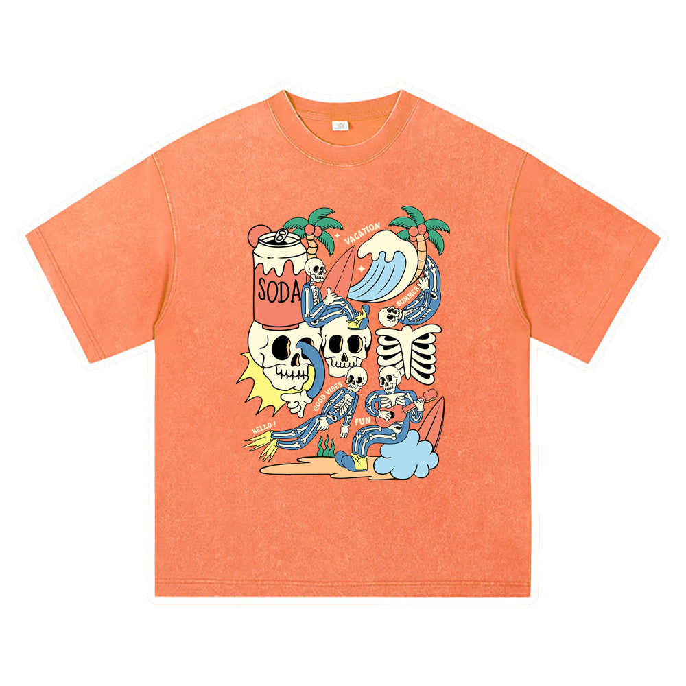 270GSM Heavy Cotton T-SHirt ACID Tees Washed Vintage T-Shirts Doodle Skeleton DTG Print TShirts