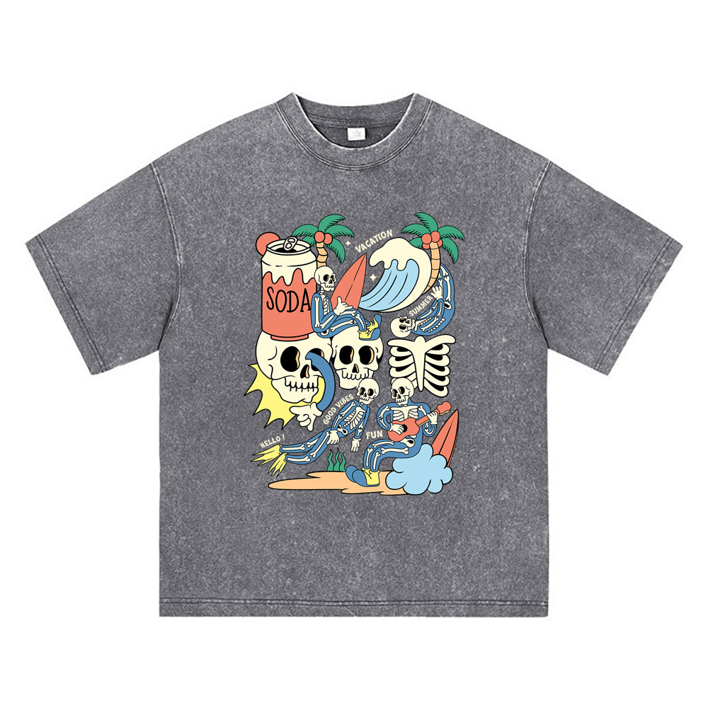 270GSM Heavy Cotton T-SHirt ACID Tees Washed Vintage T-Shirts Doodle Skeleton DTG Print TShirts