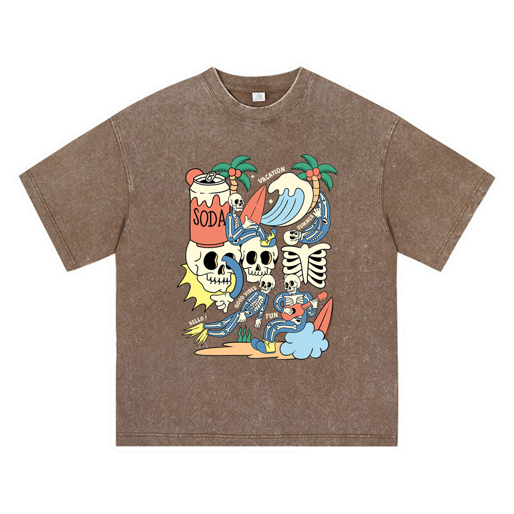 270GSM Heavy Cotton T-SHirt ACID Tees Washed Vintage T-Shirts Doodle Skeleton DTG Print TShirts