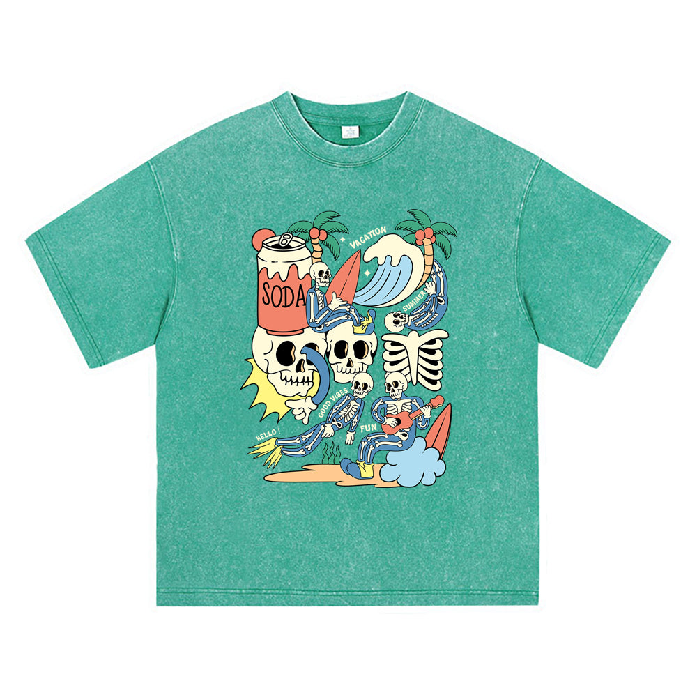 270GSM Heavy Cotton T-SHirt ACID Tees Washed Vintage T-Shirts Doodle Skeleton DTG Print TShirts