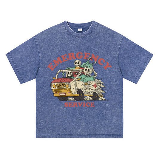 270GSM Heavy Cotton T-SHirt ACID Tees Washed Vintage T-Shirts Emblem Skull Driving Ambulance DTG Print TShirts