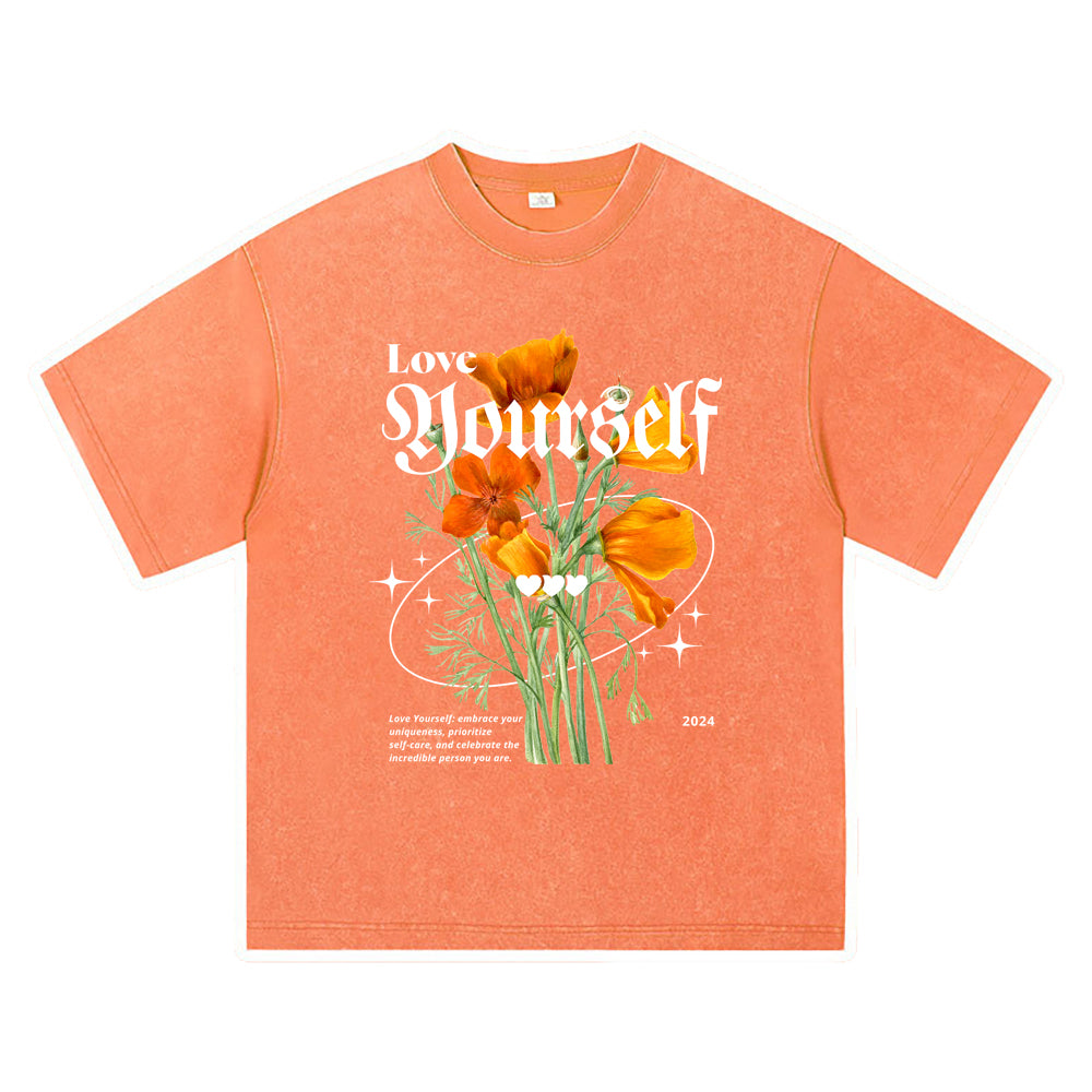 270GSM Heavy Cotton T-SHirt ACID Tees Washed Vintage T-Shirts Love Yourself DTG Print TShirts