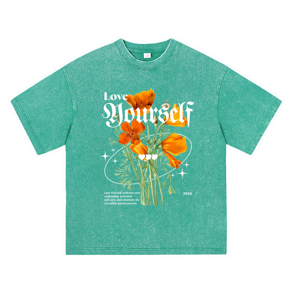 270GSM Heavy Cotton T-SHirt ACID Tees Washed Vintage T-Shirts Love Yourself DTG Print TShirts