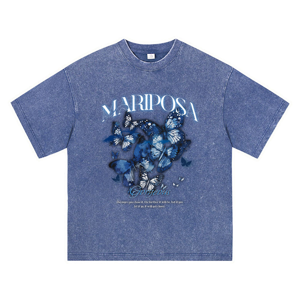 270GSM Heavy Cotton T-SHirt ACID Tees Washed Vintage T-Shirts Mariposa DTG Print TShirts