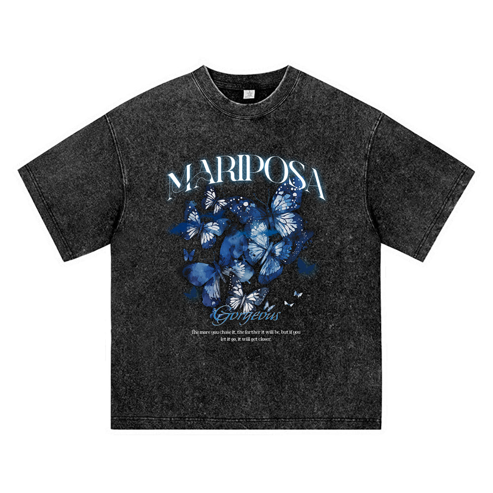 270GSM Heavy Cotton T-SHirt ACID Tees Washed Vintage T-Shirts Mariposa DTG Print TShirts