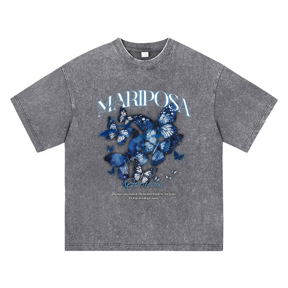 270GSM Heavy Cotton T-SHirt ACID Tees Washed Vintage T-Shirts Mariposa DTG Print TShirts