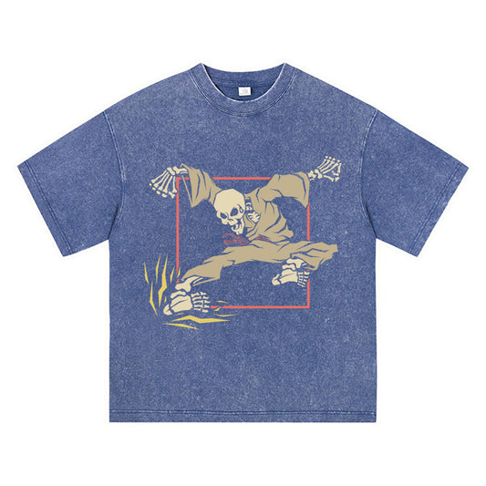 270GSM Heavy Cotton T-SHirt ACID Tees Washed Vintage T-Shirts Karate Skeleton Kicking DTG Print TShirts