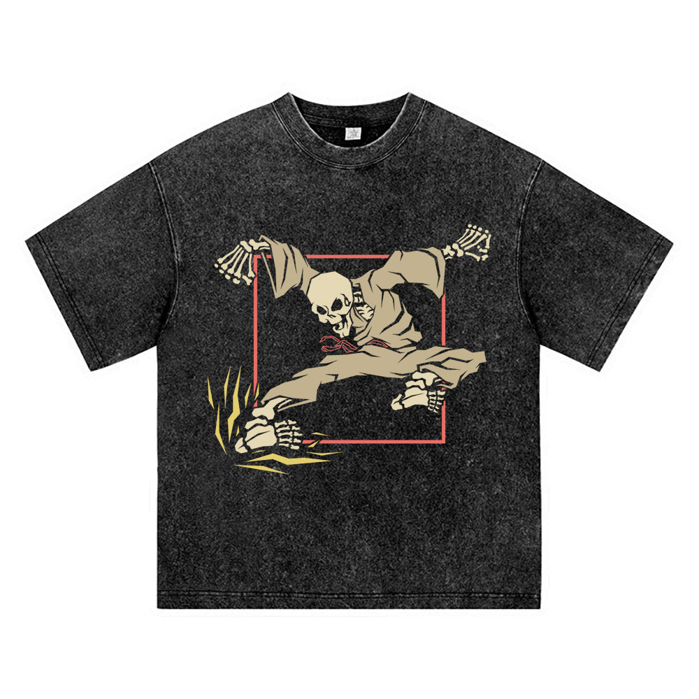 270GSM Heavy Cotton T-SHirt ACID Tees Washed Vintage T-Shirts Karate Skeleton Kicking DTG Print TShirts