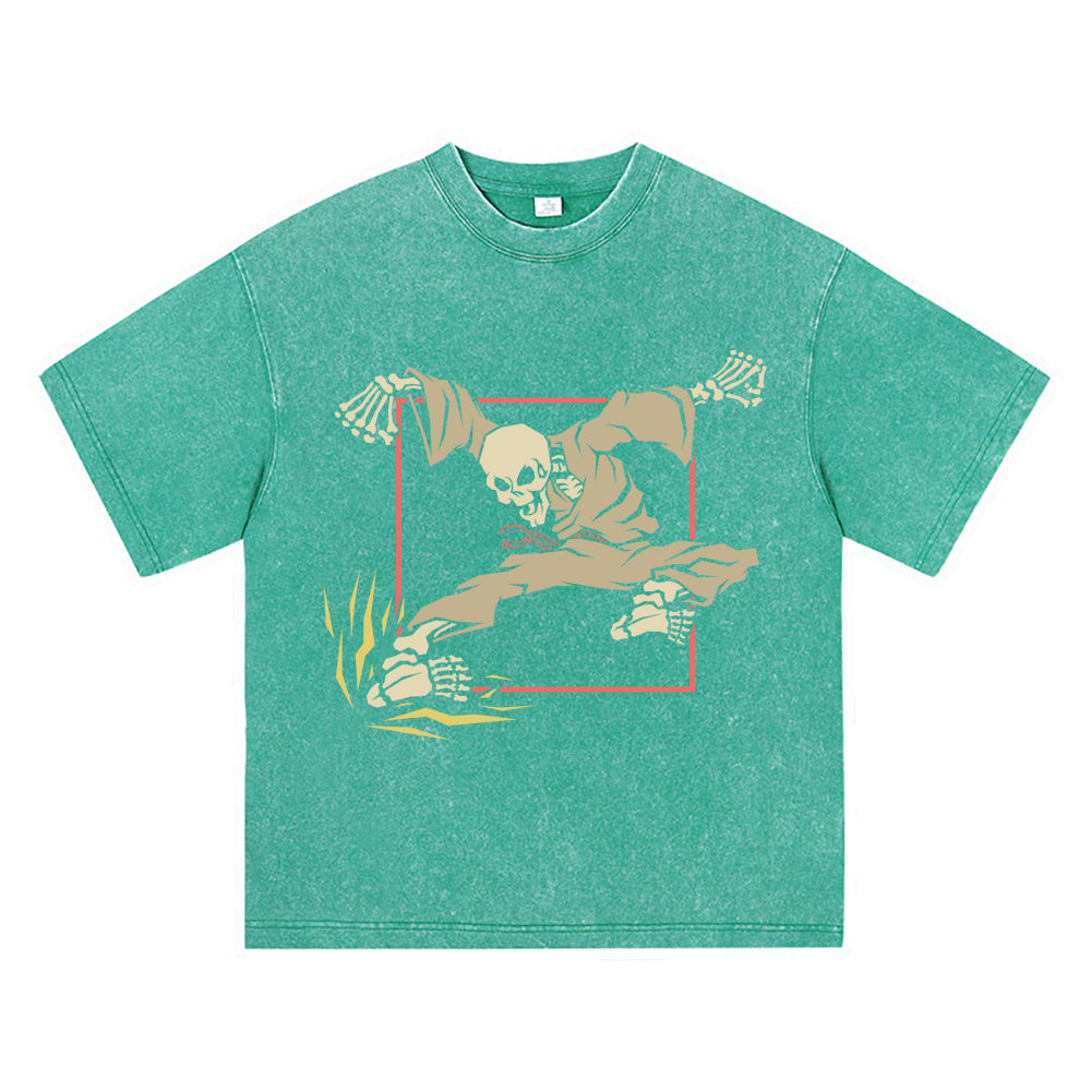 270GSM Heavy Cotton T-SHirt ACID Tees Washed Vintage T-Shirts Karate Skeleton Kicking DTG Print TShirts