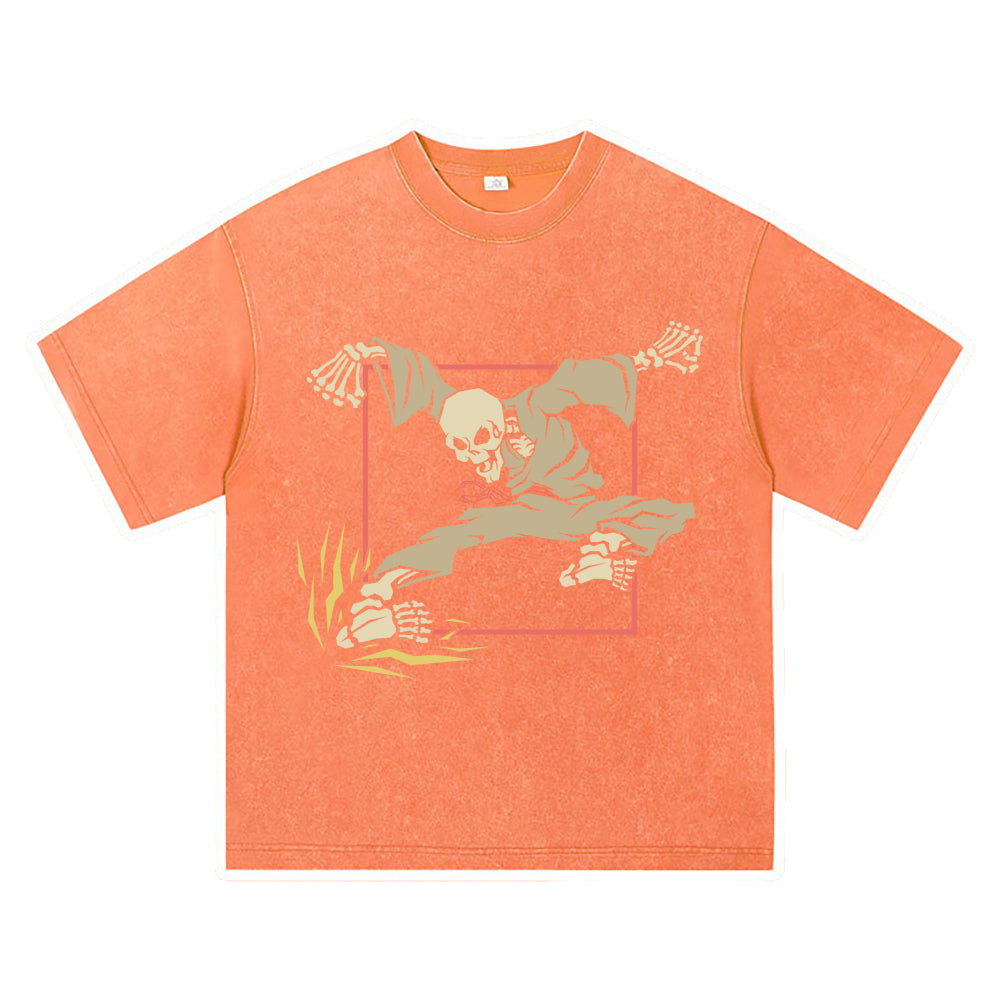 270GSM Heavy Cotton T-SHirt ACID Tees Washed Vintage T-Shirts Karate Skeleton Kicking DTG Print TShirts