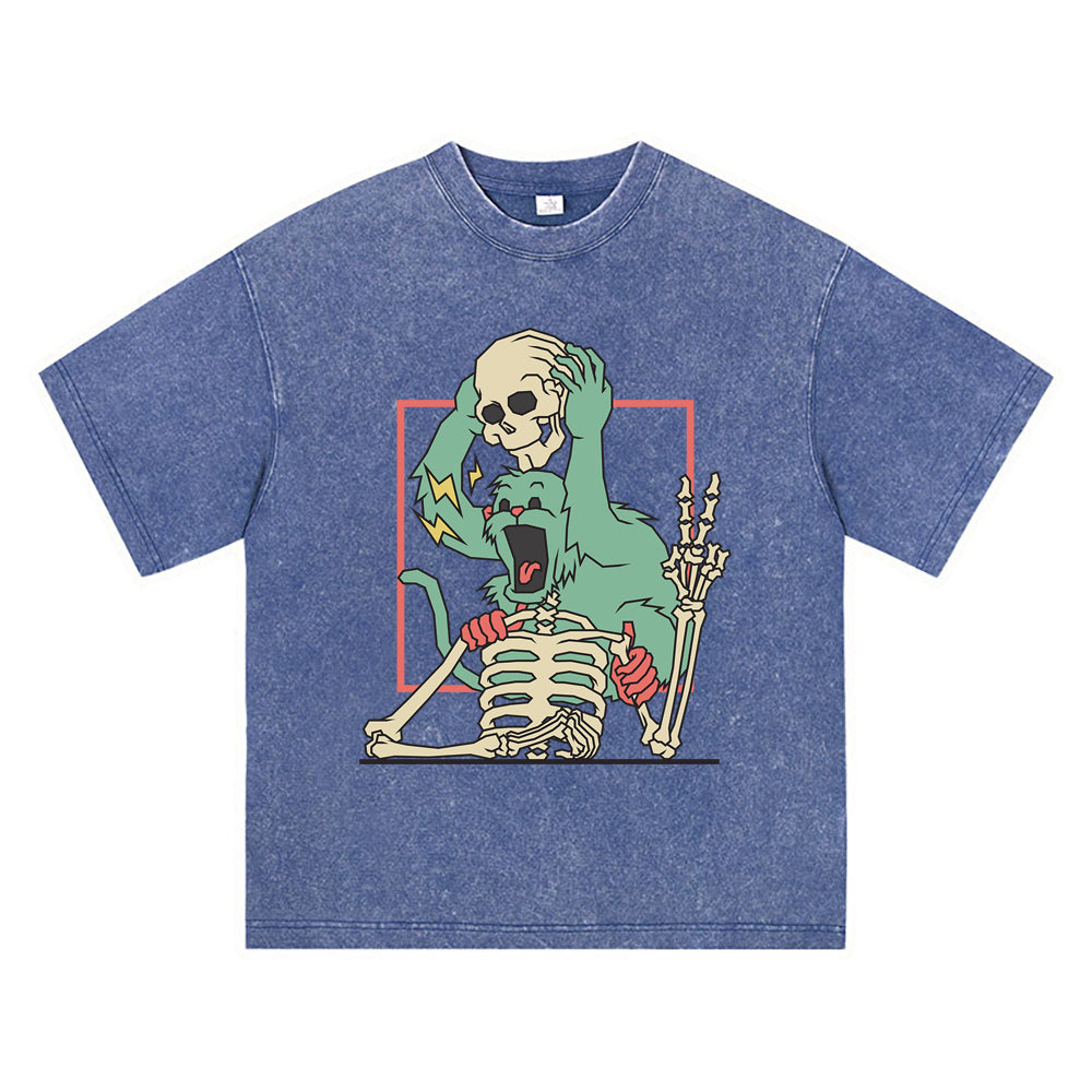 270GSM Heavy Cotton T-SHirt ACID Tees Washed Vintage T-Shirts Monkey Holding Skull Head DTG Print TShirts