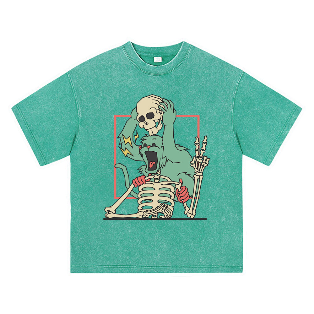 270GSM Heavy Cotton T-SHirt ACID Tees Washed Vintage T-Shirts Monkey Holding Skull Head DTG Print TShirts