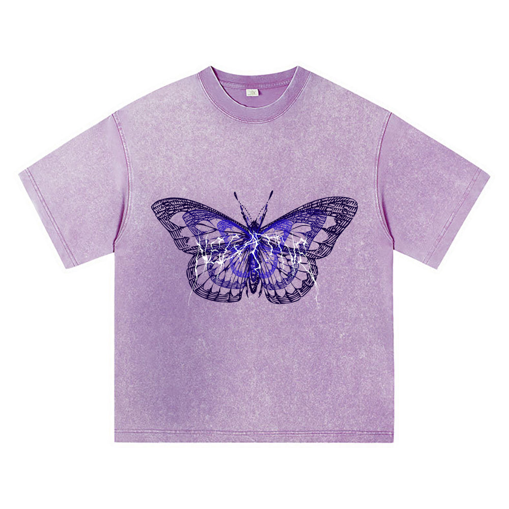 270GSM Heavy Cotton T-SHirt ACID Tees Washed Vintage T-Shirts Negative Butterfly DTG Print TShirts