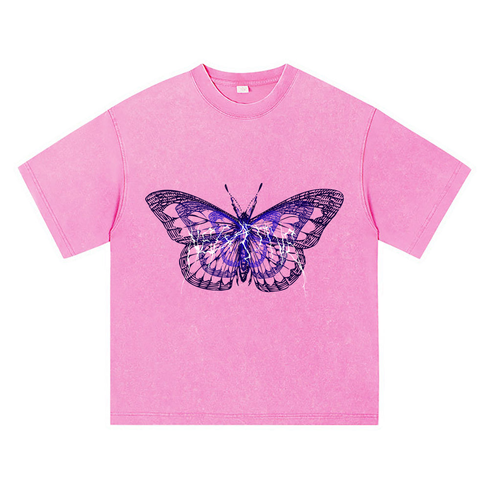 270GSM Heavy Cotton T-SHirt ACID Tees Washed Vintage T-Shirts Negative Butterfly DTG Print TShirts