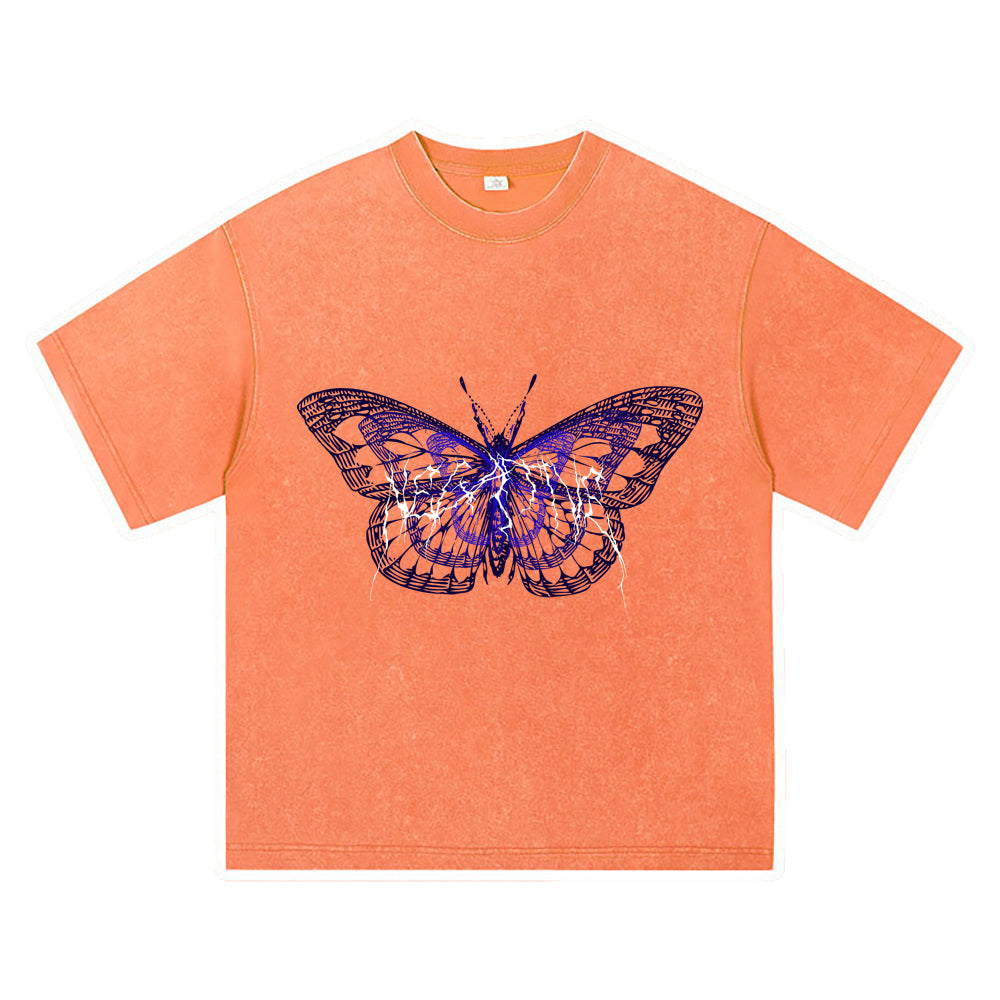 270GSM Heavy Cotton T-SHirt ACID Tees Washed Vintage T-Shirts Negative Butterfly DTG Print TShirts