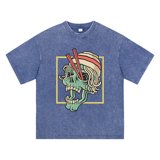 270GSM Heavy Cotton T-SHirt ACID Tees Washed Vintage T-Shirts Noodle Spilled Skull Head DTG Print TShirts