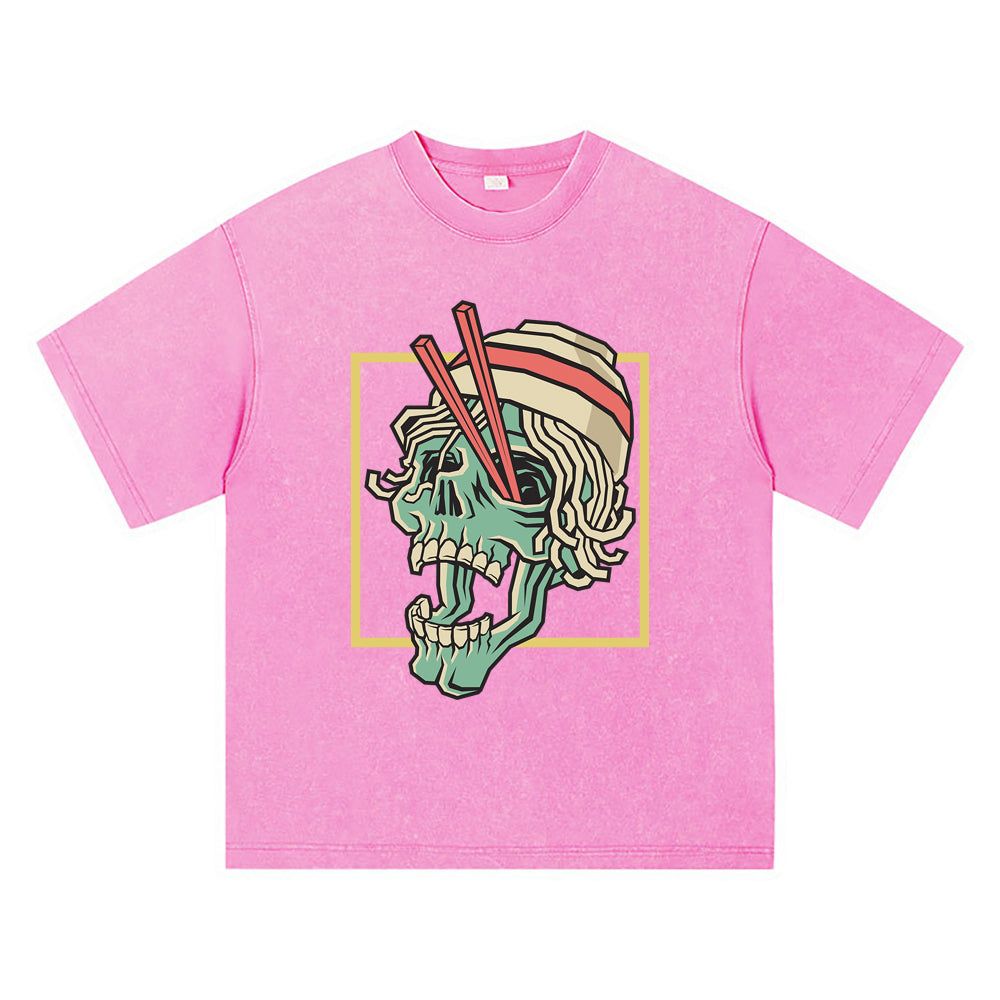 270GSM Heavy Cotton T-SHirt ACID Tees Washed Vintage T-Shirts Noodle Spilled Skull Head DTG Print TShirts