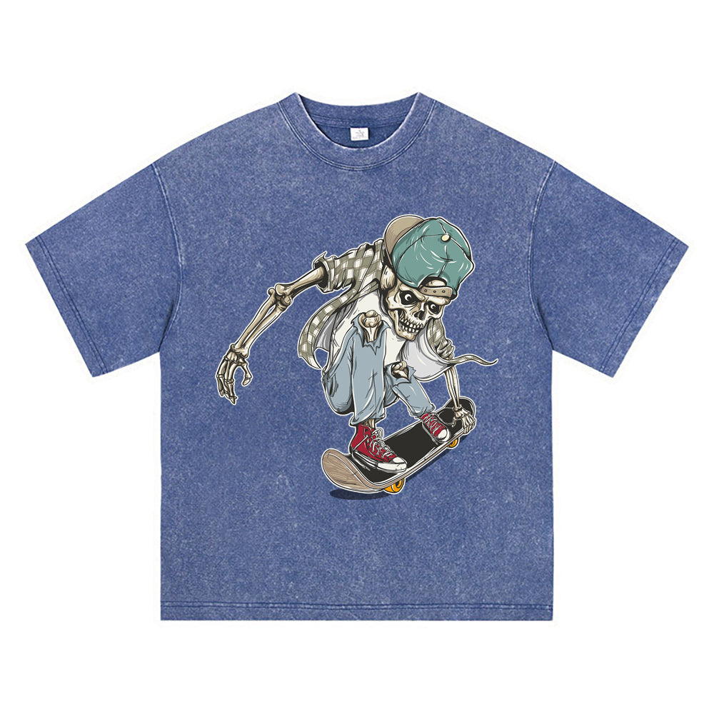 270GSM Heavy Cotton T-SHirt ACID Tees Washed Vintage T-Shirts Skateboard Skeleton DTG Print TShirts