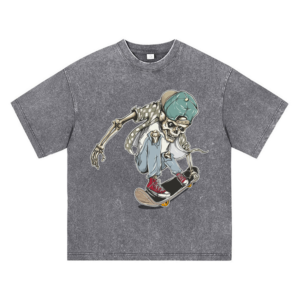 270GSM Heavy Cotton T-SHirt ACID Tees Washed Vintage T-Shirts Skateboard Skeleton DTG Print TShirts