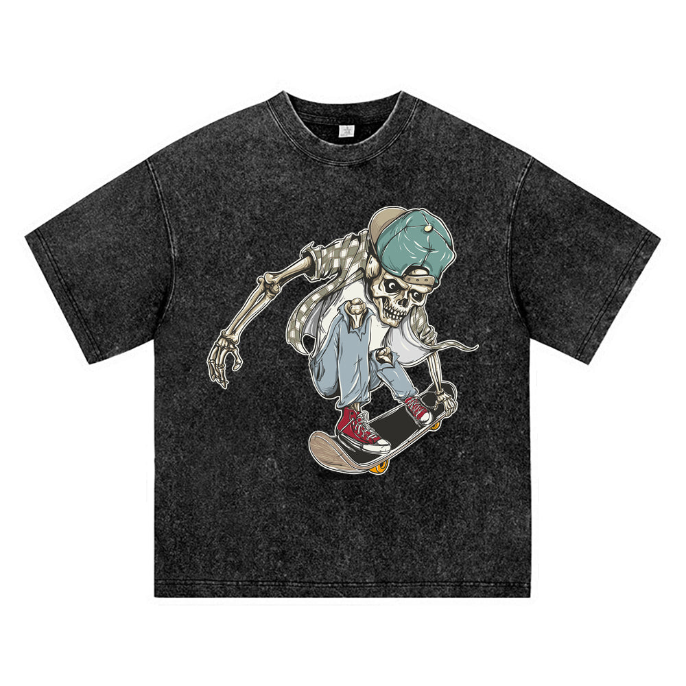 270GSM Heavy Cotton T-SHirt ACID Tees Washed Vintage T-Shirts Skateboard Skeleton DTG Print TShirts