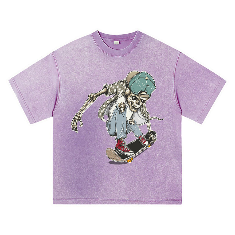 270GSM Heavy Cotton T-SHirt ACID Tees Washed Vintage T-Shirts Skateboard Skeleton DTG Print TShirts