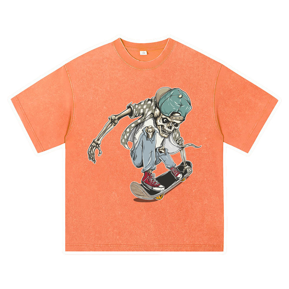 270GSM Heavy Cotton T-SHirt ACID Tees Washed Vintage T-Shirts Skateboard Skeleton DTG Print TShirts