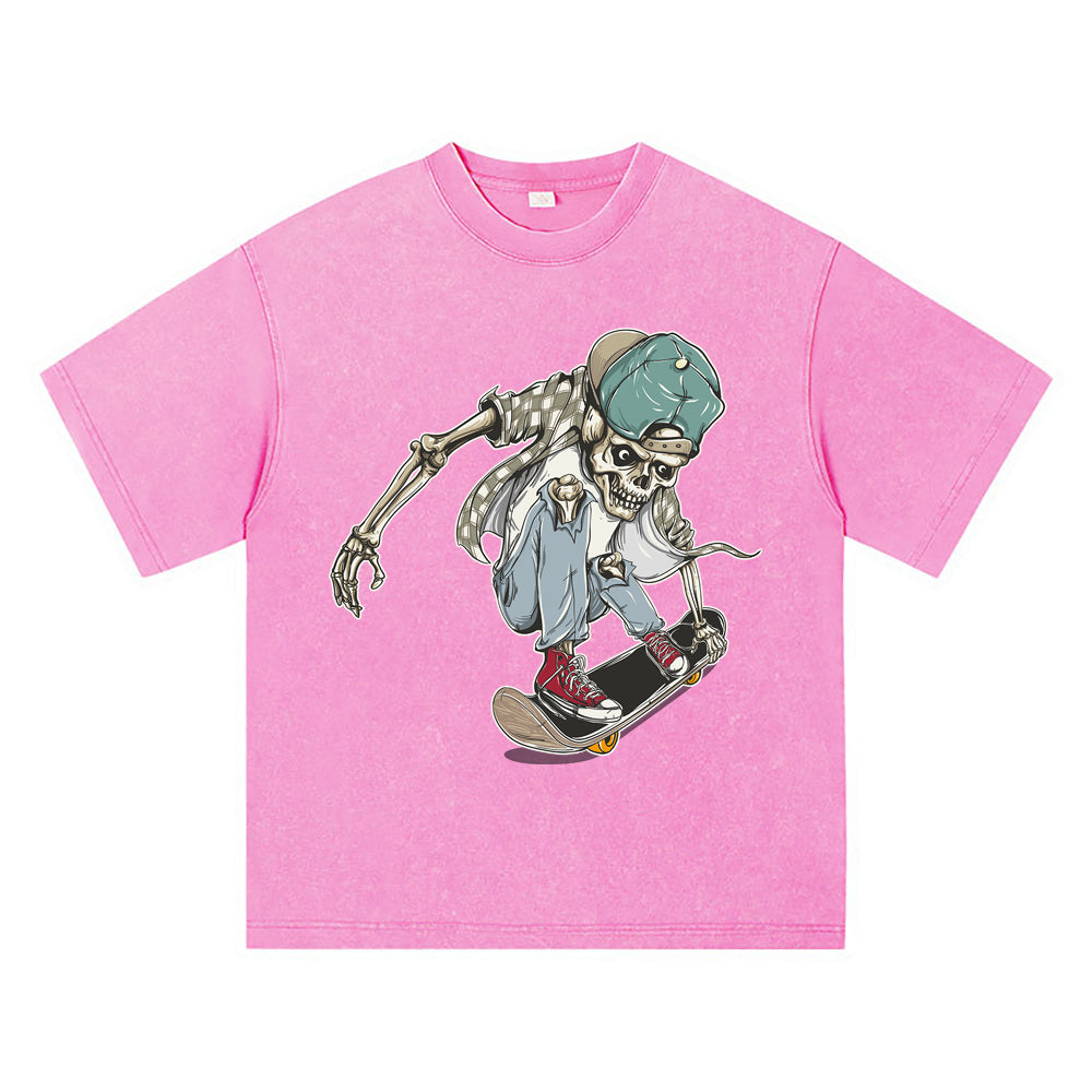 270GSM Heavy Cotton T-SHirt ACID Tees Washed Vintage T-Shirts Skateboard Skeleton DTG Print TShirts