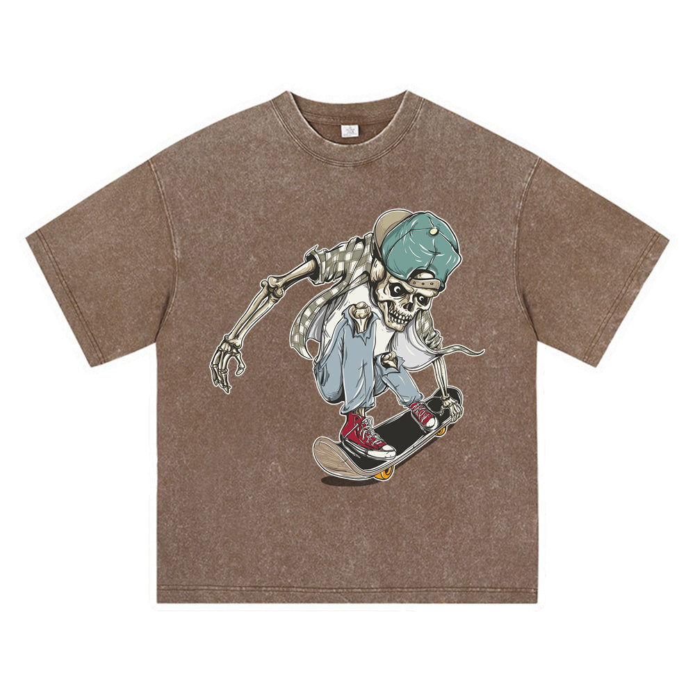 270GSM Heavy Cotton T-SHirt ACID Tees Washed Vintage T-Shirts Skateboard Skeleton DTG Print TShirts