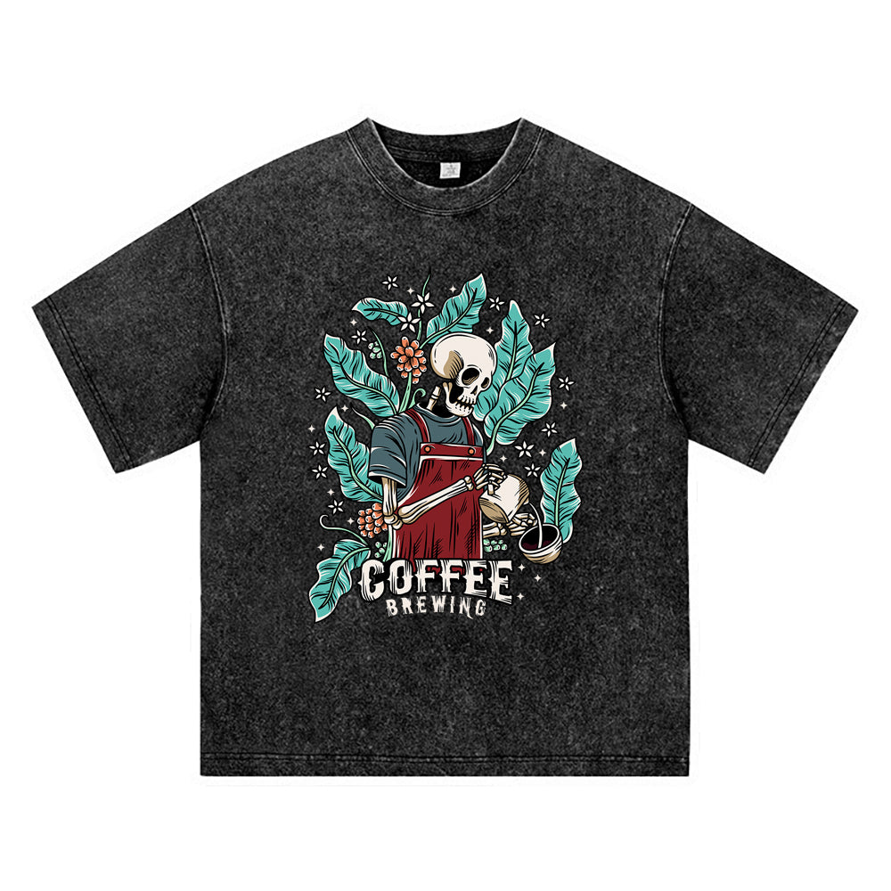 270GSM Heavy Cotton T-SHirt ACID Tees Washed Vintage T-Shirts Skeleton Barista DTG Print TShirts