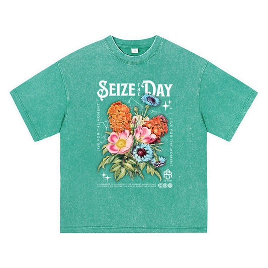 270GSM Heavy Cotton T-SHirt ACID Tees Washed Vintage T-Shirts Seize The Day DTG Print TShirts