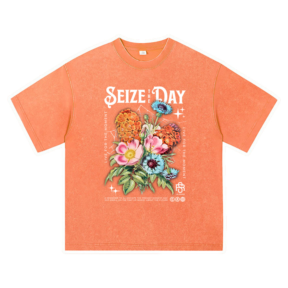 270GSM Heavy Cotton T-SHirt ACID Tees Washed Vintage T-Shirts Seize The Day DTG Print TShirts