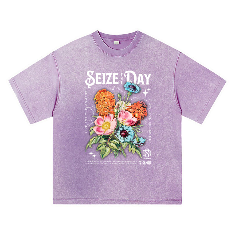 270GSM Heavy Cotton T-SHirt ACID Tees Washed Vintage T-Shirts Seize The Day DTG Print TShirts