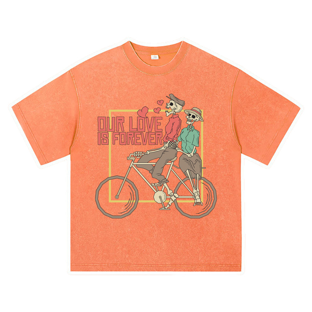 270GSM Heavy Cotton T-SHirt ACID Tees Washed Vintage T-Shirts Skeleton Couple Riding Bike DTG Print TShirts