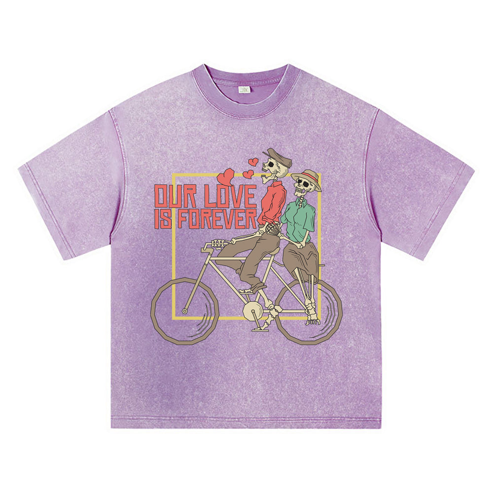 270GSM Heavy Cotton T-SHirt ACID Tees Washed Vintage T-Shirts Skeleton Couple Riding Bike DTG Print TShirts