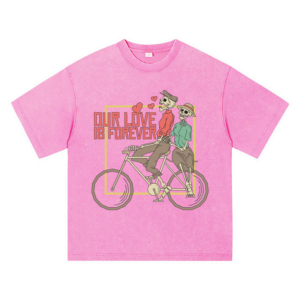 270GSM Heavy Cotton T-SHirt ACID Tees Washed Vintage T-Shirts Skeleton Couple Riding Bike DTG Print TShirts