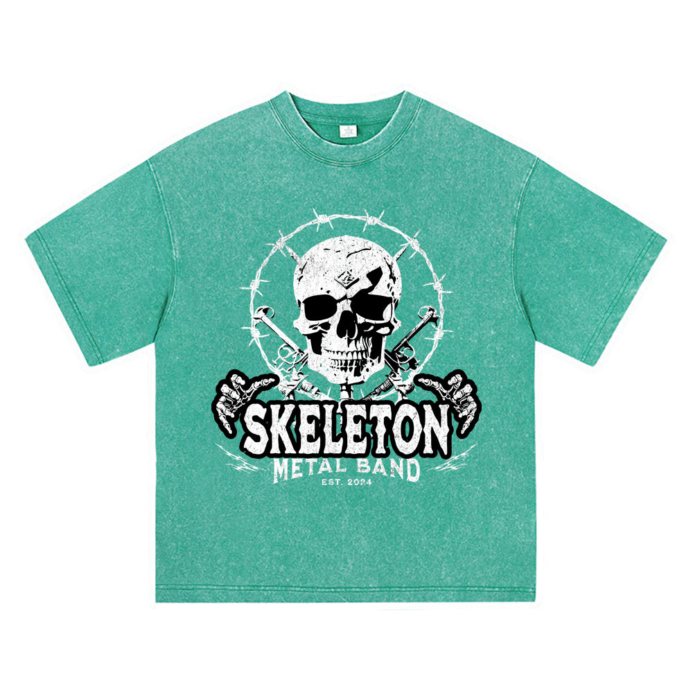 270GSM Heavy Cotton T-SHirt ACID Tees Washed Vintage T-Shirts Skeleton Metal Band Streetwear DTG Print TShirts