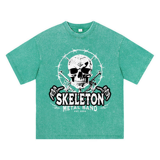 270GSM Heavy Cotton T-SHirt ACID Tees Washed Vintage T-Shirts Skeleton Metal Band Streetwear DTG Print TShirts