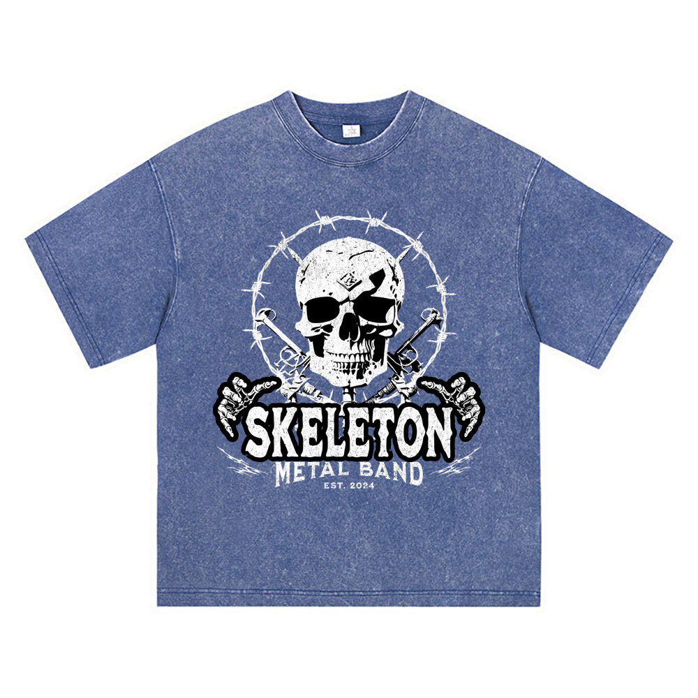 270GSM Heavy Cotton T-SHirt ACID Tees Washed Vintage T-Shirts Skeleton Metal Band Streetwear DTG Print TShirts