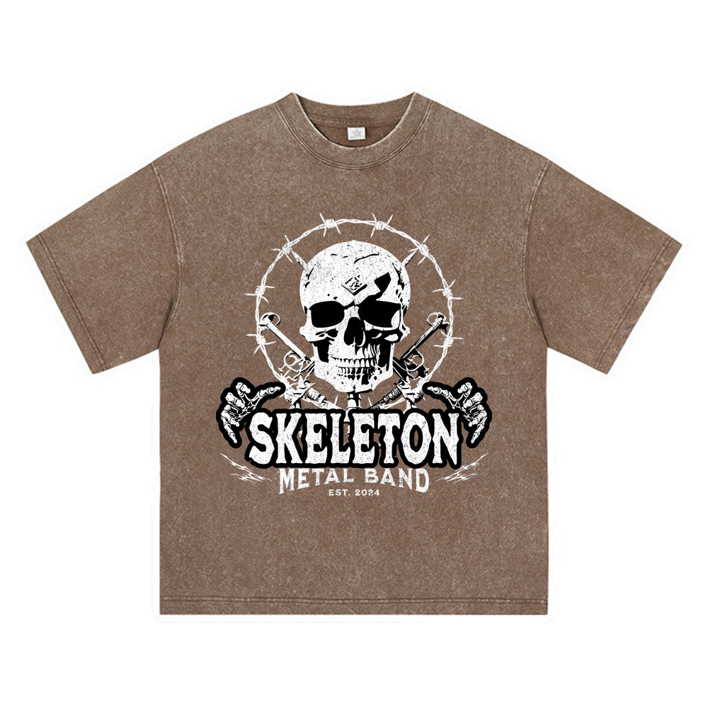 270GSM Heavy Cotton T-SHirt ACID Tees Washed Vintage T-Shirts Skeleton Metal Band Streetwear DTG Print TShirts