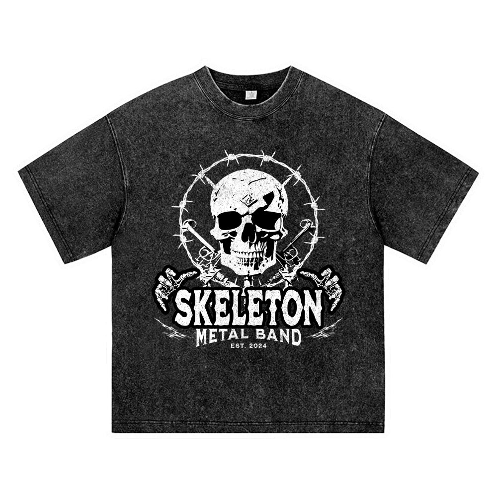 270GSM Heavy Cotton T-SHirt ACID Tees Washed Vintage T-Shirts Skeleton Metal Band Streetwear DTG Print TShirts