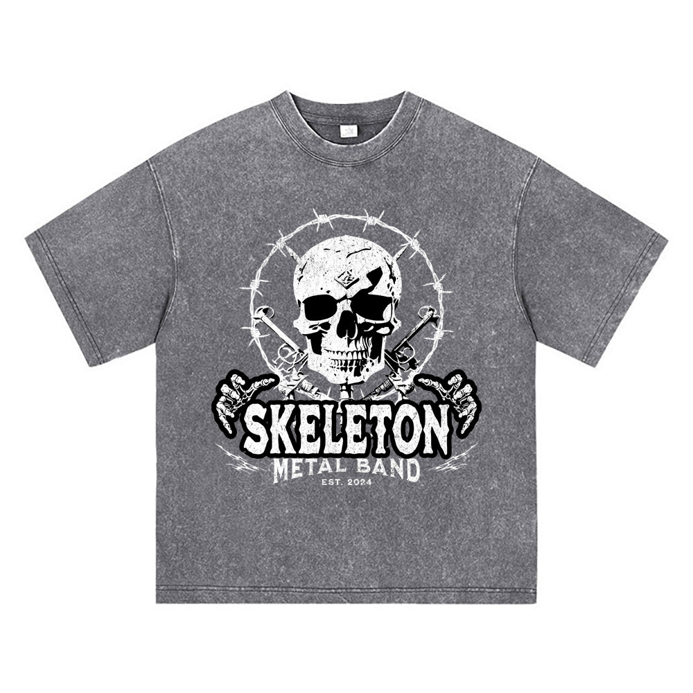 270GSM Heavy Cotton T-SHirt ACID Tees Washed Vintage T-Shirts Skeleton Metal Band Streetwear DTG Print TShirts