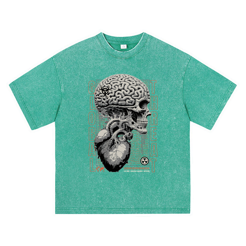 270GSM Heavy Cotton T-SHirt ACID Tees Washed Vintage T-Shirts Skull Brain DTG Print TShirts