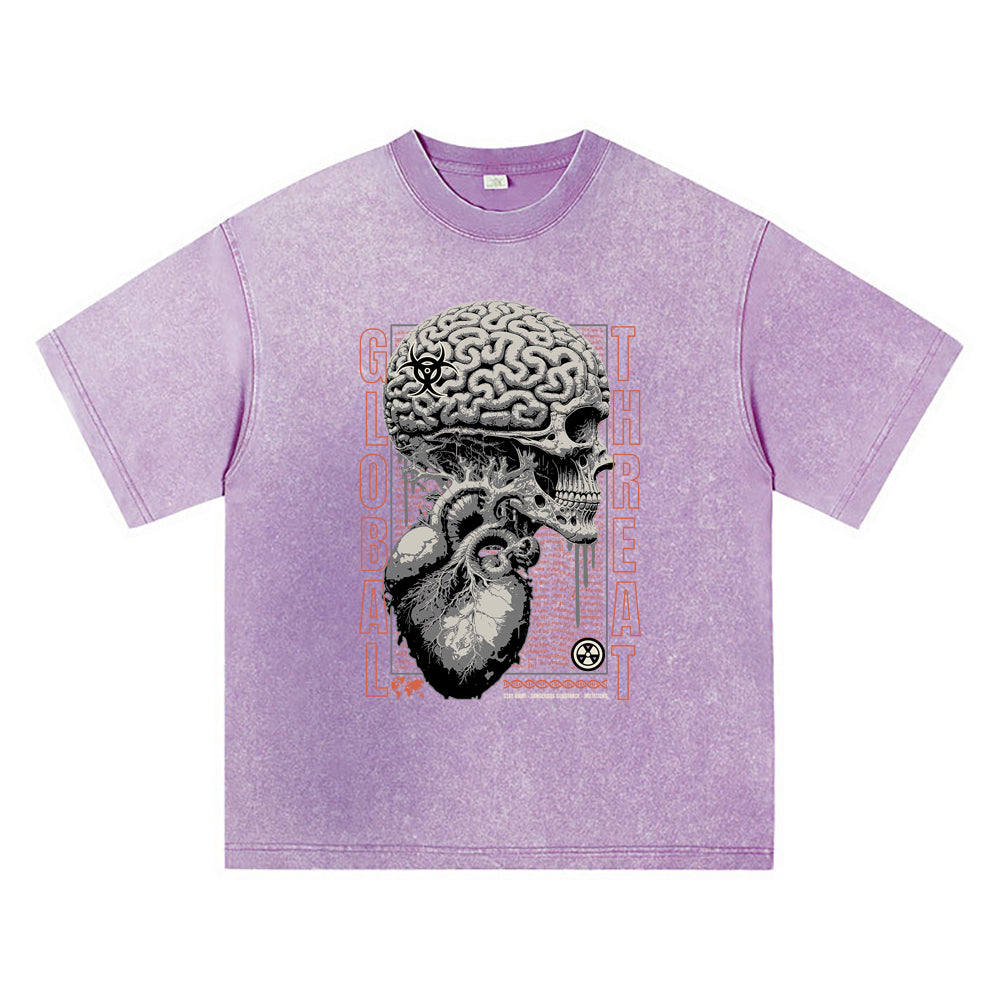 270GSM Heavy Cotton T-SHirt ACID Tees Washed Vintage T-Shirts Skull Brain DTG Print TShirts