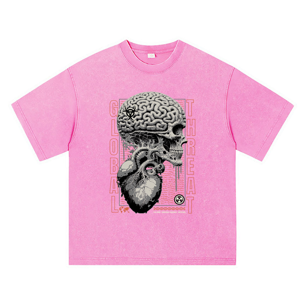 270GSM Heavy Cotton T-SHirt ACID Tees Washed Vintage T-Shirts Skull Brain DTG Print TShirts