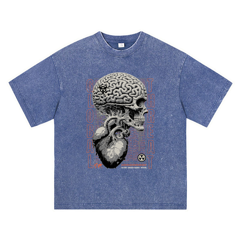 270GSM Heavy Cotton T-SHirt ACID Tees Washed Vintage T-Shirts Skull Brain DTG Print TShirts