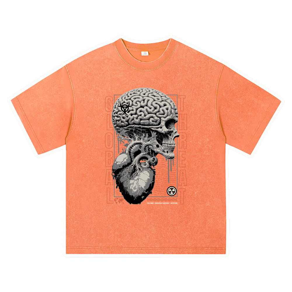 270GSM Heavy Cotton T-SHirt ACID Tees Washed Vintage T-Shirts Skull Brain DTG Print TShirts